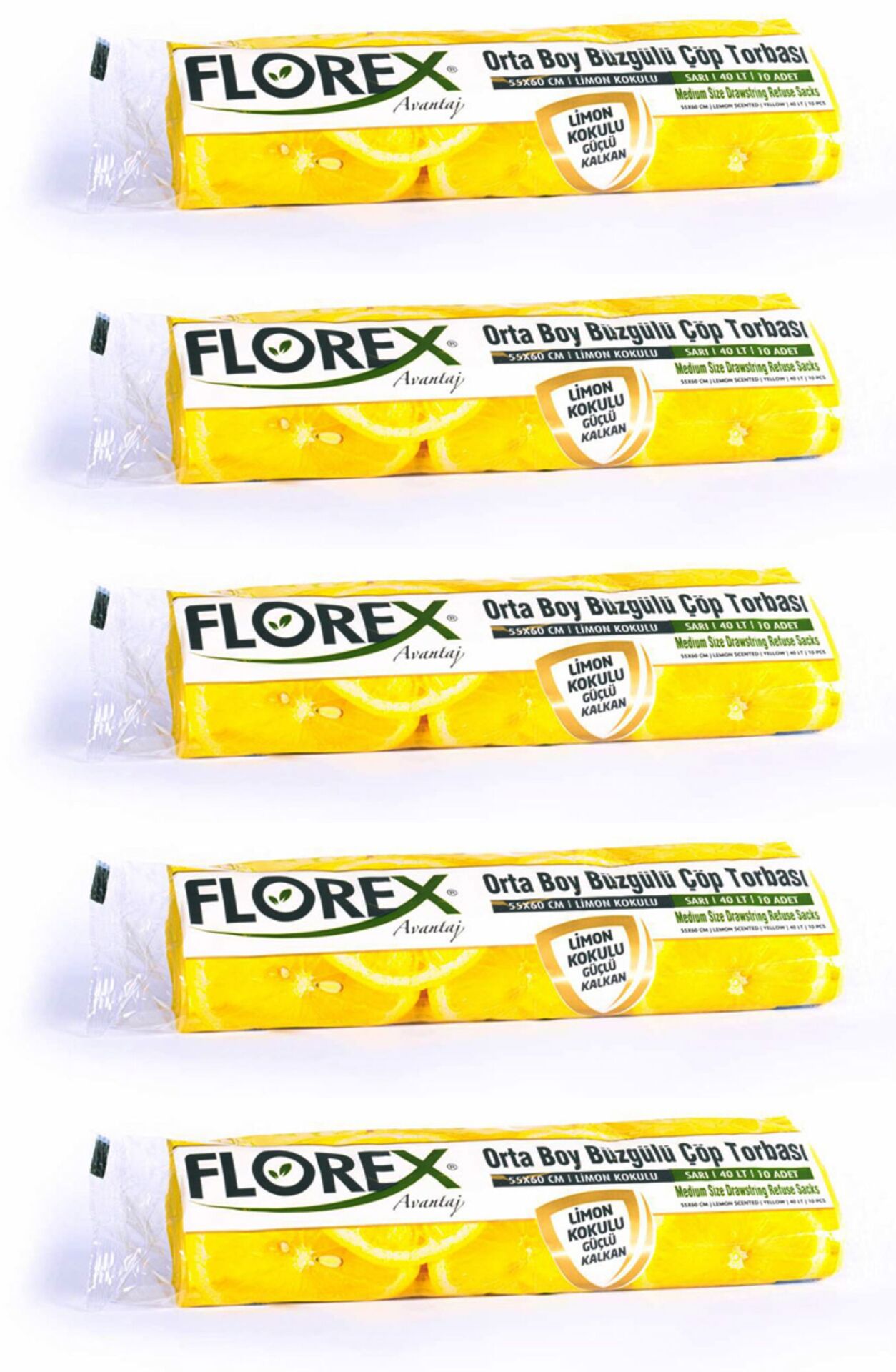 Florex - Orta Boy Büzgülü Çöp Poşeti Limon 55x60  5 Rulo