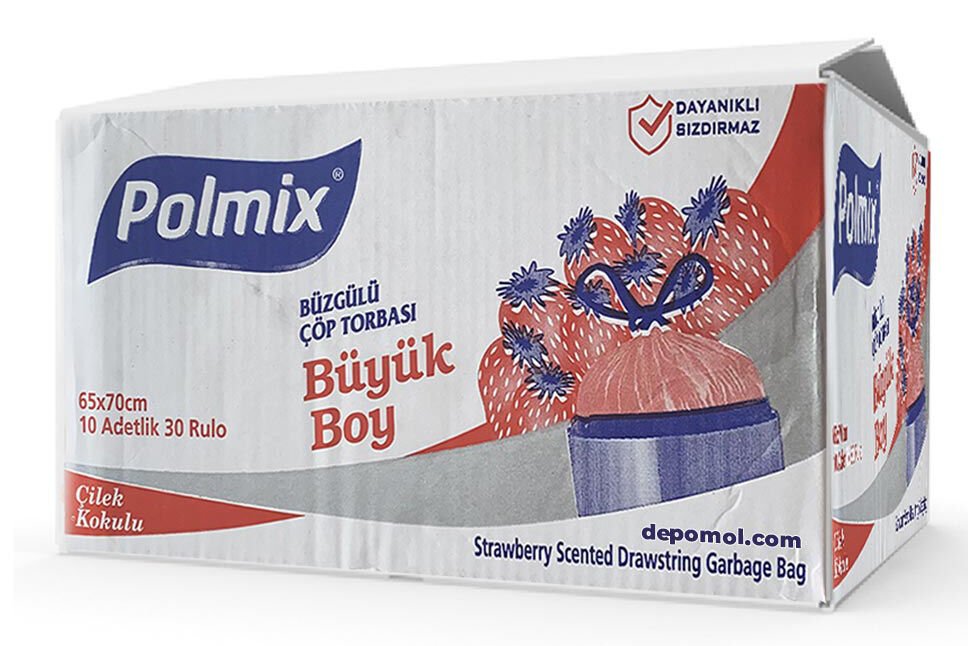 Polmix Büzgülü Çilek Kokulu Çöp Poşeti Büyük Boy - 1 Koli - 30 Rulo