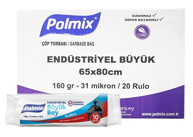 Polmix Çöp Poşeti Endüstriyel Siyah 65x80 160Gr. - 1 Koli - 20 Rulo