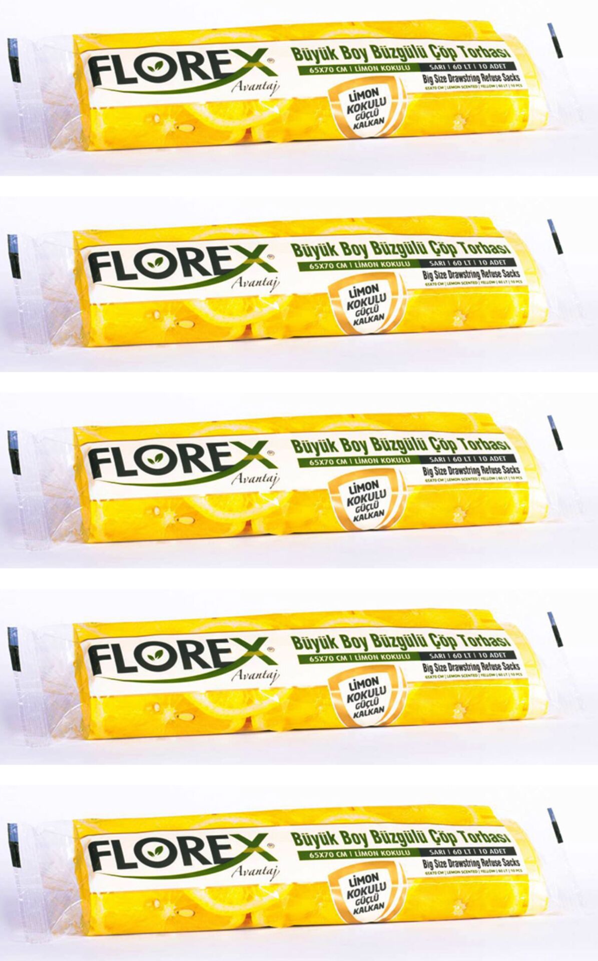 Florex - Büyük Boy Büzgülü Çöp Poşeti Limon 65x70  5 Rulo