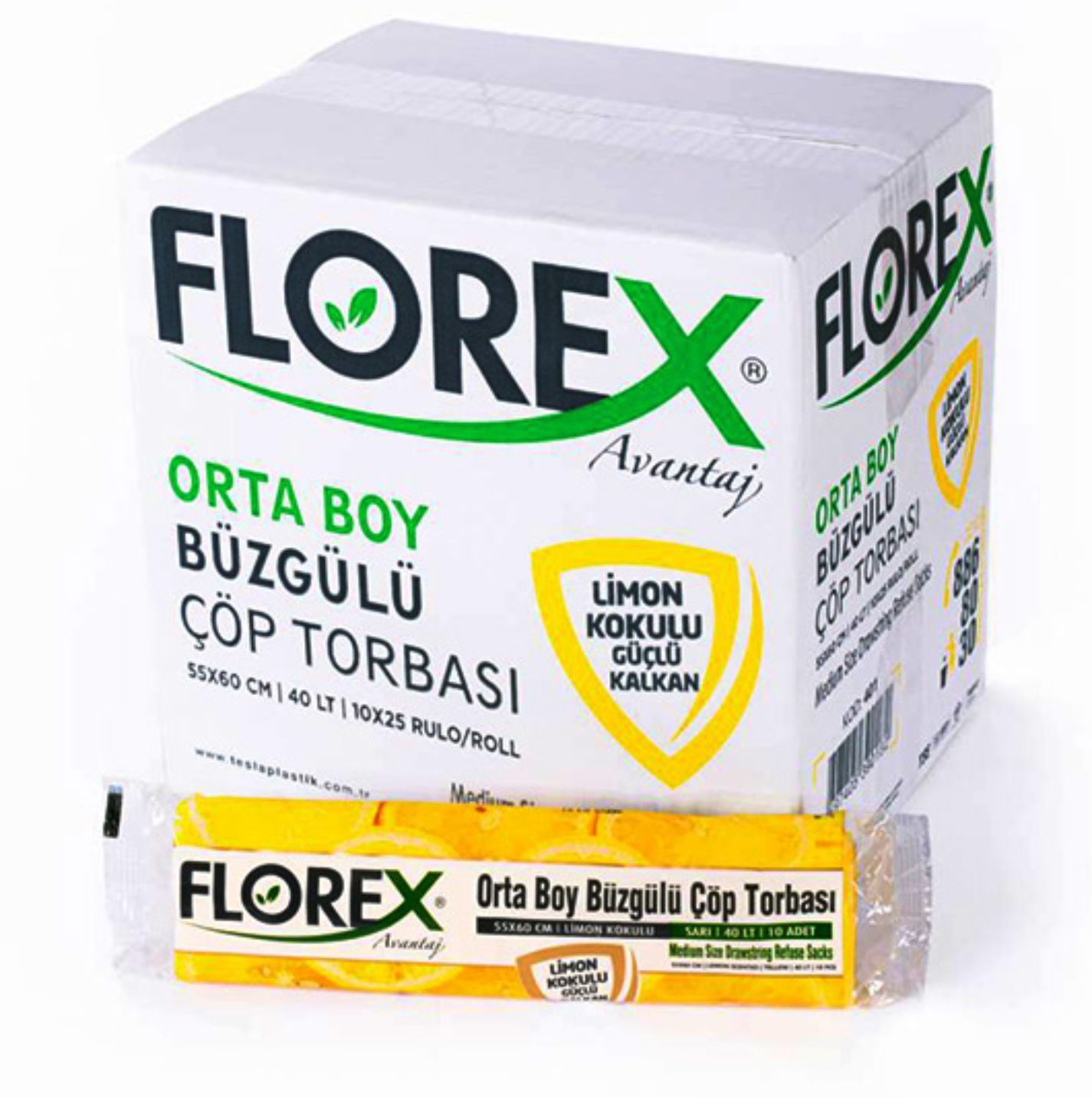Florex - Orta Boy Büzgülü Limon Çöp Poşeti 55x60  1 Koli 25 Rulo