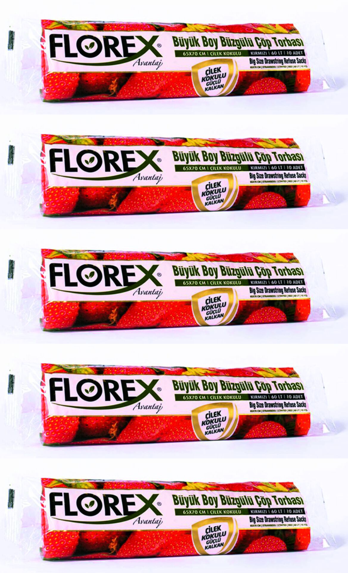Florex - Büyük Boy Büzgülü Çöp Poşeti Çilek  65x70  5 Rulo