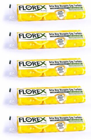 Florex - Orta Boy Büzgülü Çöp Poşeti Limon 55x60  5 Rulo