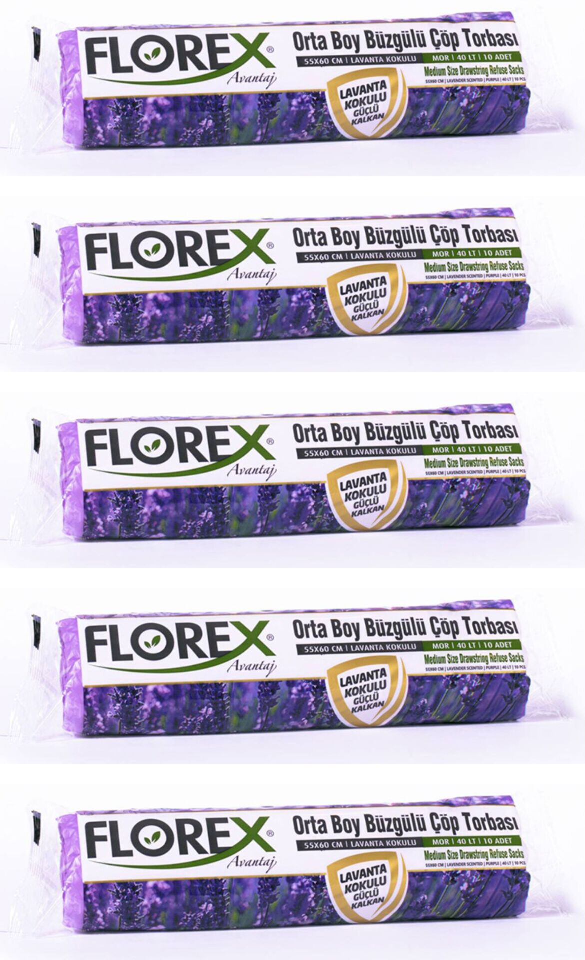 Florex - Orta Boy Büzgülü Lavanta Çöp Poşeti 55x60 - 5 Rulo