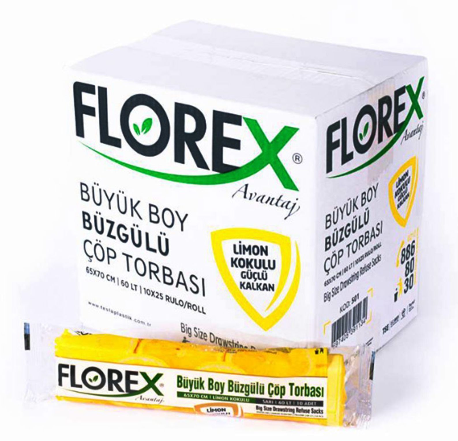 Florex - Büyük Boy Büzgülü Limon Çöp Poşeti 65x70 1 Koli  25 Rulo